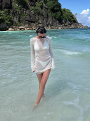 Thin Transparent Knit Tight Short Dress Sexy Backless Bikini Swimsui Cover-ups 2025 New Long Sleeve O-neck Sheer Summer Dress