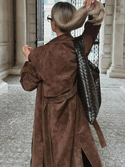 Elegant Suede Leather Belt Long Windbreaker Coat Fashion Double Button Lapel Oversize Jacket Autumn High Quality Streetwear