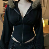 Autumn Slim Waist Office Lady Zip Up Cardigan High Streert Harajuku Euramerican Punk Sweatshirts Y2k Aesthetic Japan Clothes