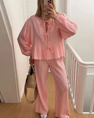 Leopard Print Women's 2-piece Pants Set Lace Up Lantern Sleeve O-neck Top Loose High Waist Pant Spring Lady Casual Outfits