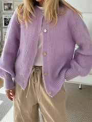Pbong Women's Knit Outerwear Solid Color Cardigan Fuzzy Long Sleeve Button Down Sweater Soft Knit Tops