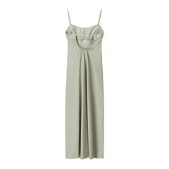 Green Backless Sexy Long Dress For Summer 2025 New High Waist Slit Square Collar Slip Dress Fashion Solid Satin Party Dress