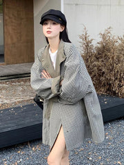 Korean Chic Elegant Jacket Women Loose Design Double Sided Wear Plaid Coat Fall Fashion Long Sleeve Sweet Pockets Outwear