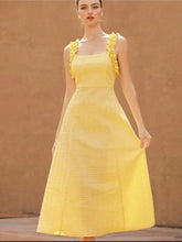 Fashion French Yellow Suspender Dress Long Dress 2025 Summer Ruflle Square Collar New Dress A-line Simple Fashion Woman Clothing
