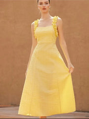 Fashion French Yellow Suspender Dress Long Dress 2025 Summer Ruflle Square Collar New Dress A-line Simple Fashion Woman Clothing