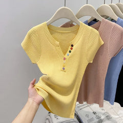 Summer V-Neck Short Sleeve Thin Tshirts Women Pastel Colored Button Knitted T-Shirts Teen-girl Stretch Fitted Tees Y2K Clothing