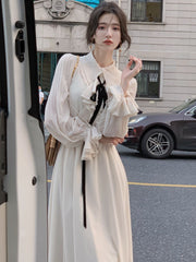 Autumn New Women Elegant Midi Retro French Style A Line Ruffles Dress Female Vestdios Vintage Fashion Party Prom Clothes
