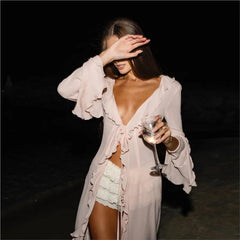 Sexy Hotgirl Ruffle White Cardigan Beach Bikini Thin Sunscreen Clothes Flare Sleeve Transparent Summer Cover-up Women Long Dress