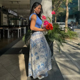 Women's Fashion Retro Vacation Style Blue Flower Printed High Waisted Skirt Boho Women Summer Skirt 2025 New Female Clothing