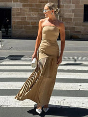Women Solid Pleated Hem Patchwork Long Dress Fashion Backless Strapless Sleeveless Slim Maxi Dresses Sexy Vocation Streetwear