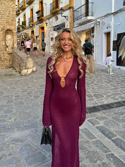 Summer Lady Sexy Deep V-neck Hollow Out Knitted Long Dresses Fashion Loose Full Sleeve Cover-ups Women Beach Party Dresses