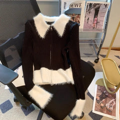 Y2K Zipper Front Rib Knit Top for Women Contrast Fuzzy Collared Zip-Up Sweater Crop Cardigan Autumn Winter Teen-girl 90s Outfit