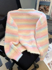 Women Chic Rainbow Sweater Loose Cute O Neck Long Sleeve Knitted Jumpers Fall Winter Lazy Wind Japan Fashion Sweet Pullover