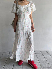 2025 New Vintage Sweet Puff Sleeve Summer Women Dress Floral Print High Waist Slit Long Dress Fashion Vacation Woman Clothing