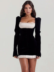 Elegant Long Sleeve Backless Sexy Mini Dress Women Autumn Winter New Patchwork Square Collar Club Party Dress