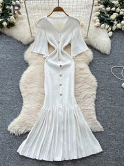 2025 Autumn Sweater Dress Female High Quality Button Design V Neck Solid French Style Elastic Knitted Women's Dress