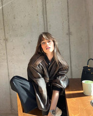 Women Elegant Solid Zipper Bomber Jacket Fashion Lapel Long Sleeve Elastic Waist Leather Autumn Female Chic High Streetwear