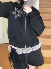Fashion Trendy Y2k Women Hoodies Long Sleeve Stars Print Diamonds Zipper Fluffy Trim Hooded Autumn New Coat