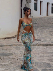 Fashion Hollow Out Print Maxi Dress Women Sleeveless Backless Bodycon Long Dresses New Beach Vocation Sexy Vestidos