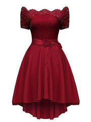Elegant Red Lace Dress Women Patchwork Slash Neck Short Sleeve Sashes Tunic Dress Summer Ladies Sexy Evening Party Dresses