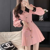 Pbong Pink Contrast Color Button Splice Dress Women's Spring Autumn Slimming Long Sleeve Short A- Line Skirt High Waist Elegant