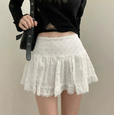 Y2K Low Rise Mini Skirt Tiered Ruffled Lace Trim White Short Skirt Summer Women Teen-Girl Feminine Barbiecore Outfit
