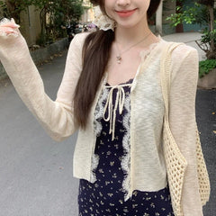 Lace Trim Tie Up Knit Top for Women Sheer Knitted Crop Cardigan Long Sleeve Open Jacket Teen-girl Y2K Sweetgirl Cute Outfit