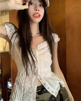 V-neck White Shirts Women Fashion Lace Design Slim Temperament Ins Hotsweet Summer College Vacation Chic Vintage Simple Casual