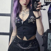 Skull Rhinestone Mall Gothic Halter Tops Grunge Aesthetic Button Up Emo Crop Top Punk Sexy Backless Bandage Alt Outfit