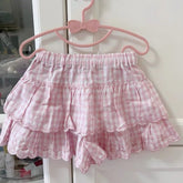 New Japanese Harajuku Sweet Pink Plaid Cake Skirt Women Cute Kawaii Lolita Embroidered Elastic Waist Pleated Short Skirts