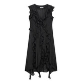 Summer Ruffles Midi Dress Women Elegant Sleeveless V-neck Solid Party Dresses Female 2025 Fashion Loose A-line Robes Vestidos