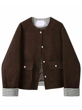 Vintage Women Corduroy Jacket Casual Long Sleeve Fall Winter O Neck Short Coat Streetwear Retro Slim Plaid Patchwork Tops