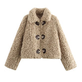 Pbong Women's Jacket Flip Collar Long Sleeve Versatile Rope Buckle Solid Color Winter New Style Coat