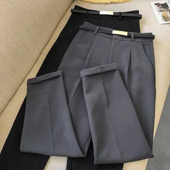 Elegant Summer Casual Pants Women Fashion Solid Color Sashes Slim Straight Trousers Chic Business Mujer Retro Belt Korean Style