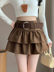 Tiered Ruffled Mini Skirt with Belt Built-in Shorts Thick Wool High Waisted Short Skirt Women Teen-girl Autumn Winter Y2K Outfit