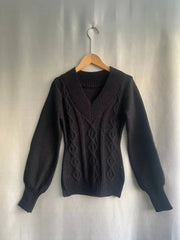 Sexy Elegant V-neck Knitted Pullover Women Black Y2k Fashion Long Sleeve Sweaters Simple Casual Slim Aesthetics Tops