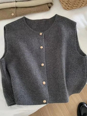 Streetwear Casual Cardigan Vest Women O Neck Simple Knitted Tops Fall Female Korean Sleeveless Fashion Sweater Vest Jacket