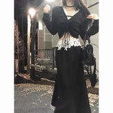 Gothic Harajuku Patchwork Lace V Neck Long Sleeve Tops Slim Fit Temperament Mermaid Long Skirts Y2k Vintage Girl Two Piece Sets