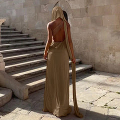 Khaki Hooded Side Slit Bandage Long Dress