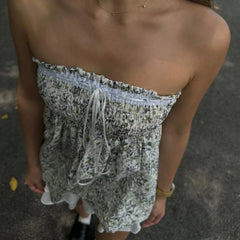 Y2k Elastic Bust Strapless Flowy Camisole Floral Graphic Print Tube Tops Fairycore Sweet Cute Off Shoulder Backless BabydollVest