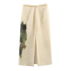 Fashion Flower Print Elegant Chic Women Skirt Zipper Straight Slit Summer Skirt Lady 2025 New Beige Fashion Woman Clothing