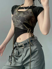 Vintage Camouflage Printed Mesh Halter Camisole Women+ Summer New Slim Fit Irregular Black T-shirts Y2k Grunge Two Piece Sets