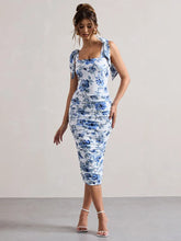 Floral Print Backless Sexy Maxi Dress For Women Gown Spaghetti Strap Square Collar Ruched Bodycon Club Party Dress