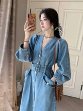 Dresses for Women Autumn V-Neck Temperament Cowboy Dresses LOOSE Solid Robe Korean Fashion Versatile A-line Long Dress