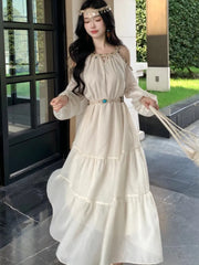 Autumn Women Fashion Vintage Casual Off Shoulder Long Sleeve Midi Dress O Neck A-Line Ruffles Party Birthday Dress New Clothing