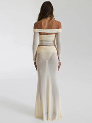Fashion Skirt Two Piece Set For Women Off-shoulder Sheer Long Sleeve Crop Tops And Long Skirt Sexy Two Piece Sets