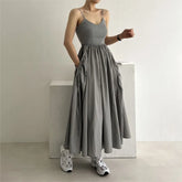 A-line Pocket Street Cargo Dress V-neck Solid Color Gray Pleated Dress Sleeveless Korean Chic Long Dress 2025 Summer New