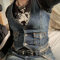 Pbong Women's Denim Vest Slim Fit European American Cross Border Trade Goods Smooths Your Silhouette Dense Fabric Vest