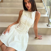 Flower Embroidery White Short Dress 2025 New Single Breasted Slim A-line Pleat Women Dress Sweet Y2K Street Female Clothes