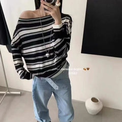 Off Shoulder Striped Knit Top for Women Long Sleeve Off-the-Shoulder Pullovers Jummper Ladies Fall Winter Korean Fashion Outfit
